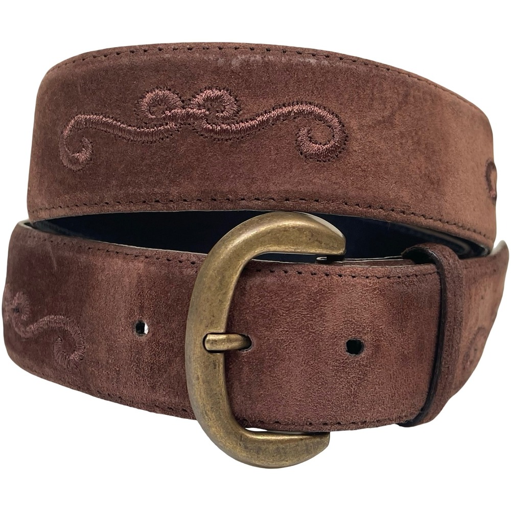 Vintage Orvis Belt Embroidered Suede Women 32 Brown Brass Buckle Western Boho